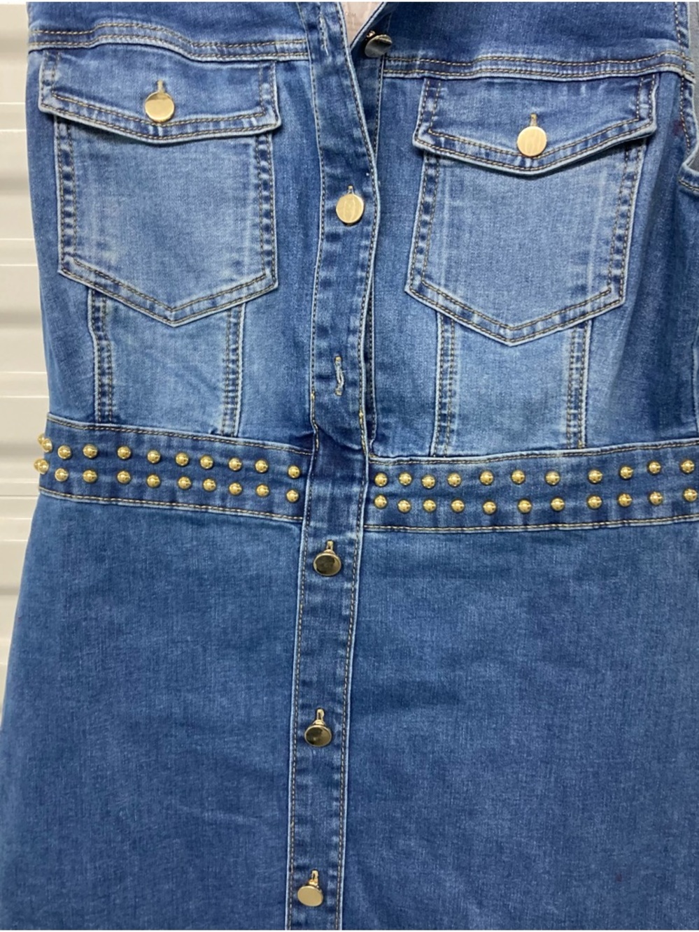 Dark Blue Denim Sleeveless Mini Dress with Fringe and Stud Waist - Picture 3 of 12